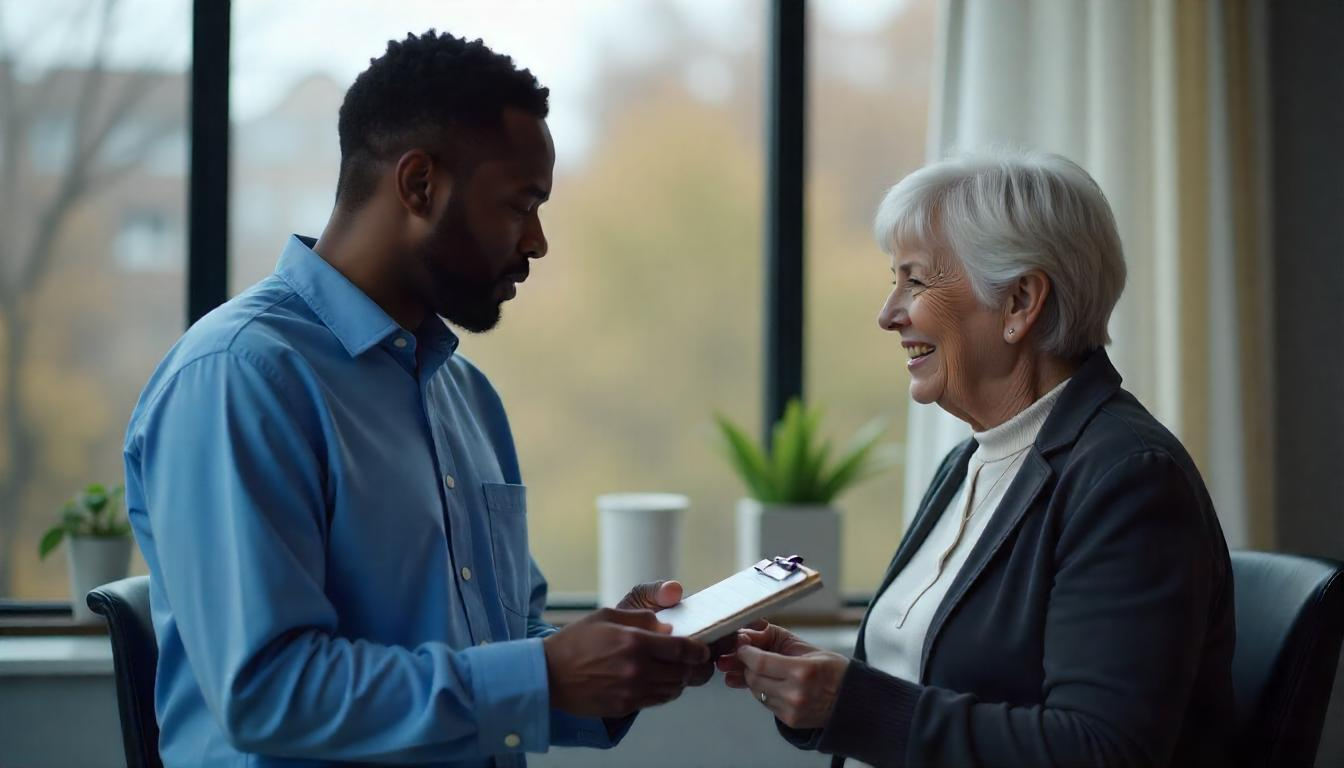 Occupational therapist discussing results with adult client.