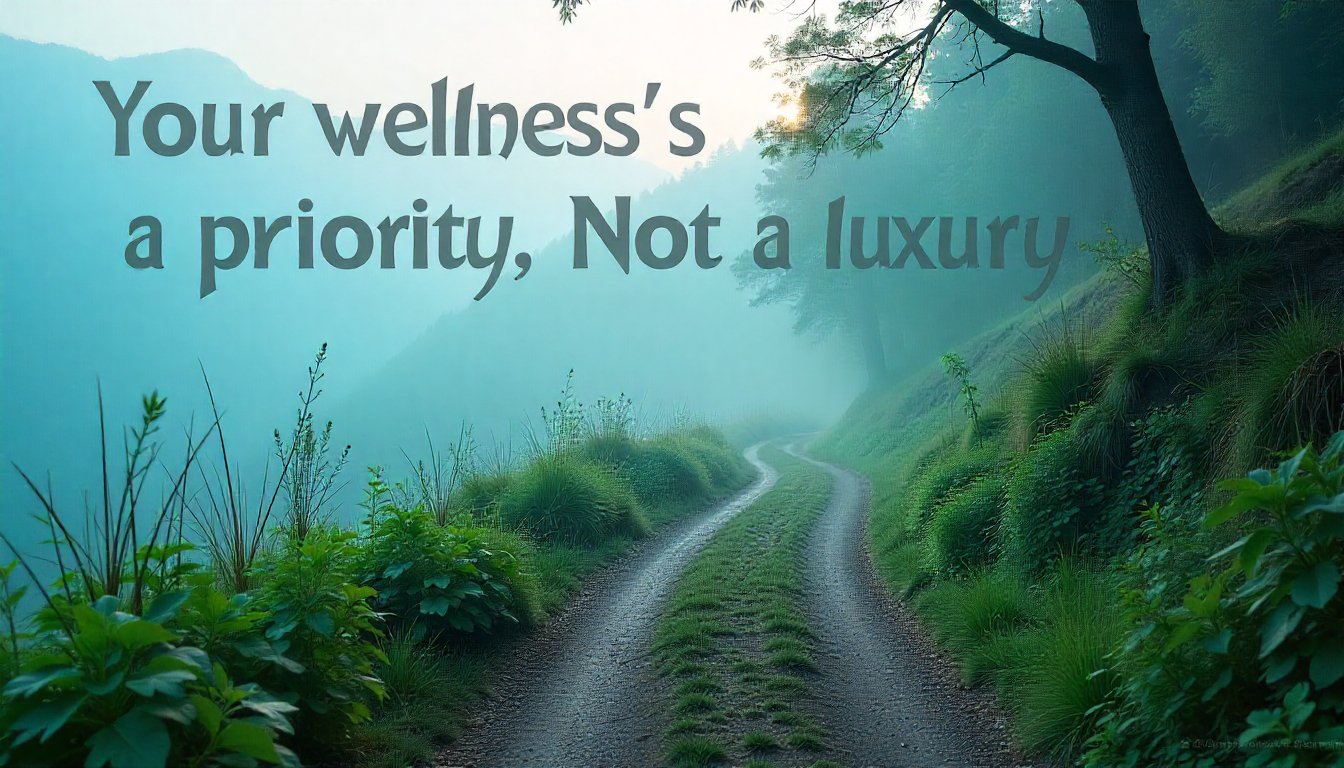 Inspirational quote image about wellness on a golden mountain path.