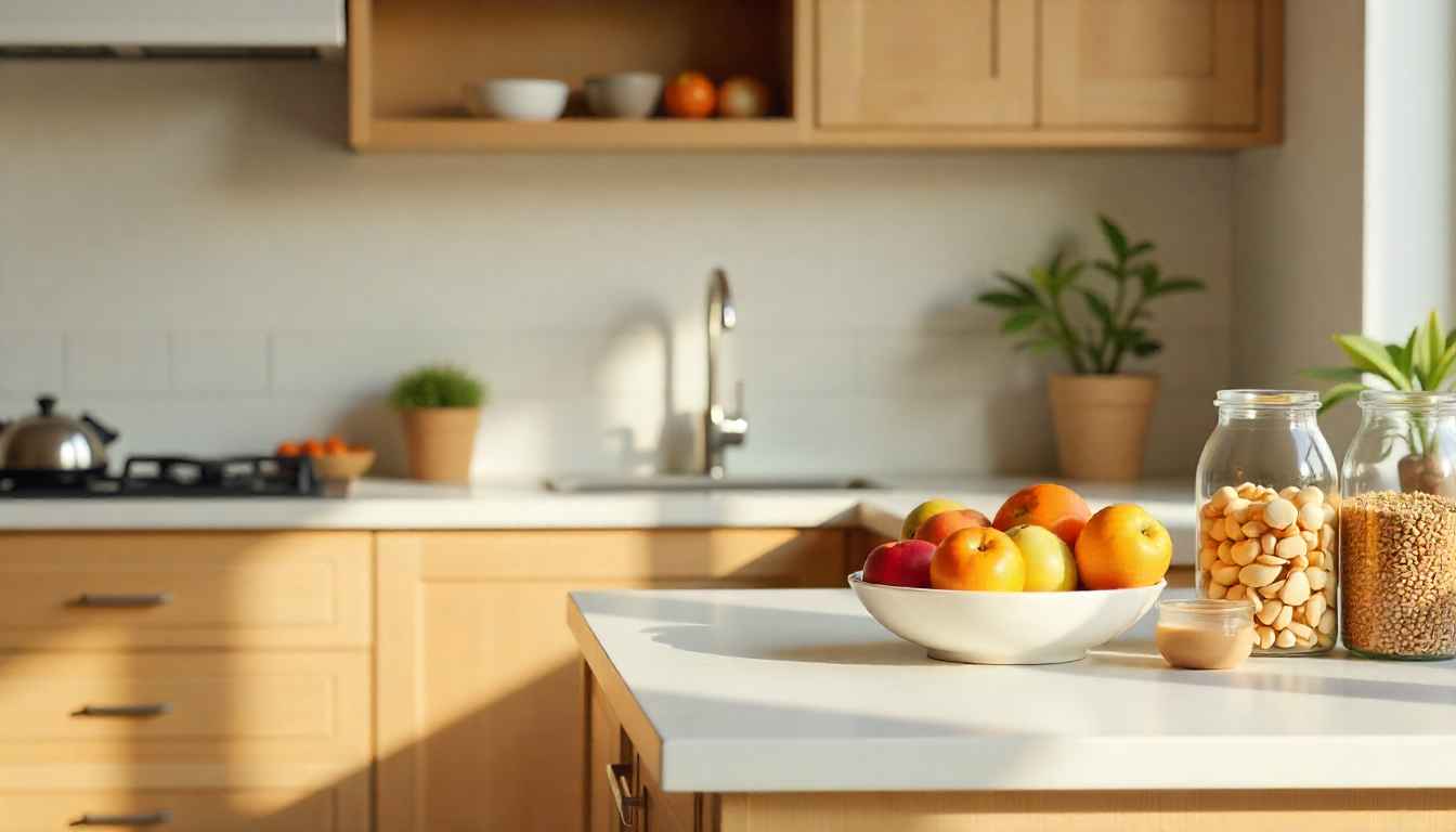 Sunlit organic kitchen with fresh produce