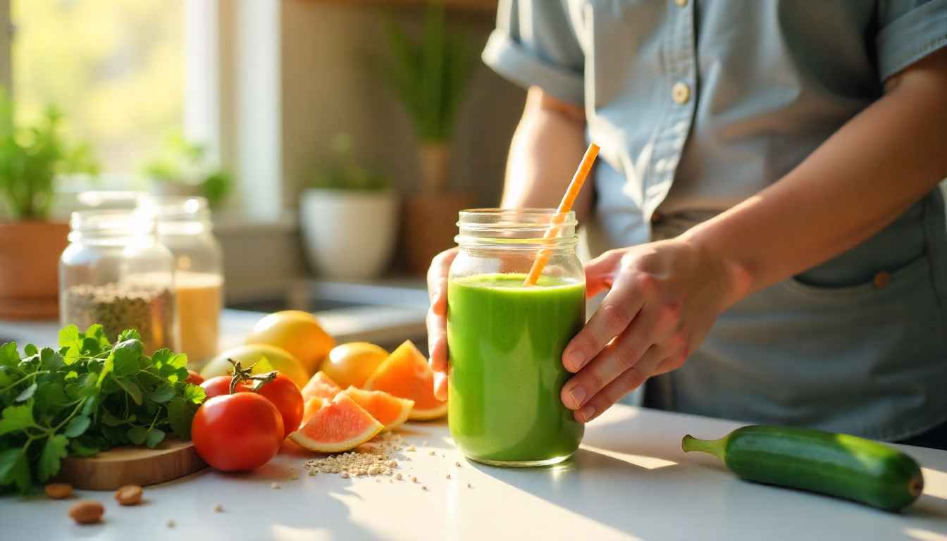 A person making a green smoothie in a sunny kitchen filled with organic ingredients.