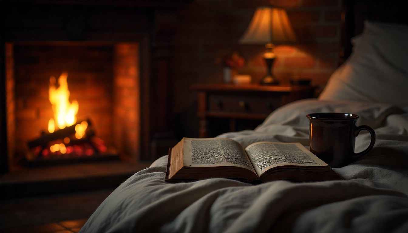 Relaxing bedtime routine with tea and a book in a cozy bedroom.