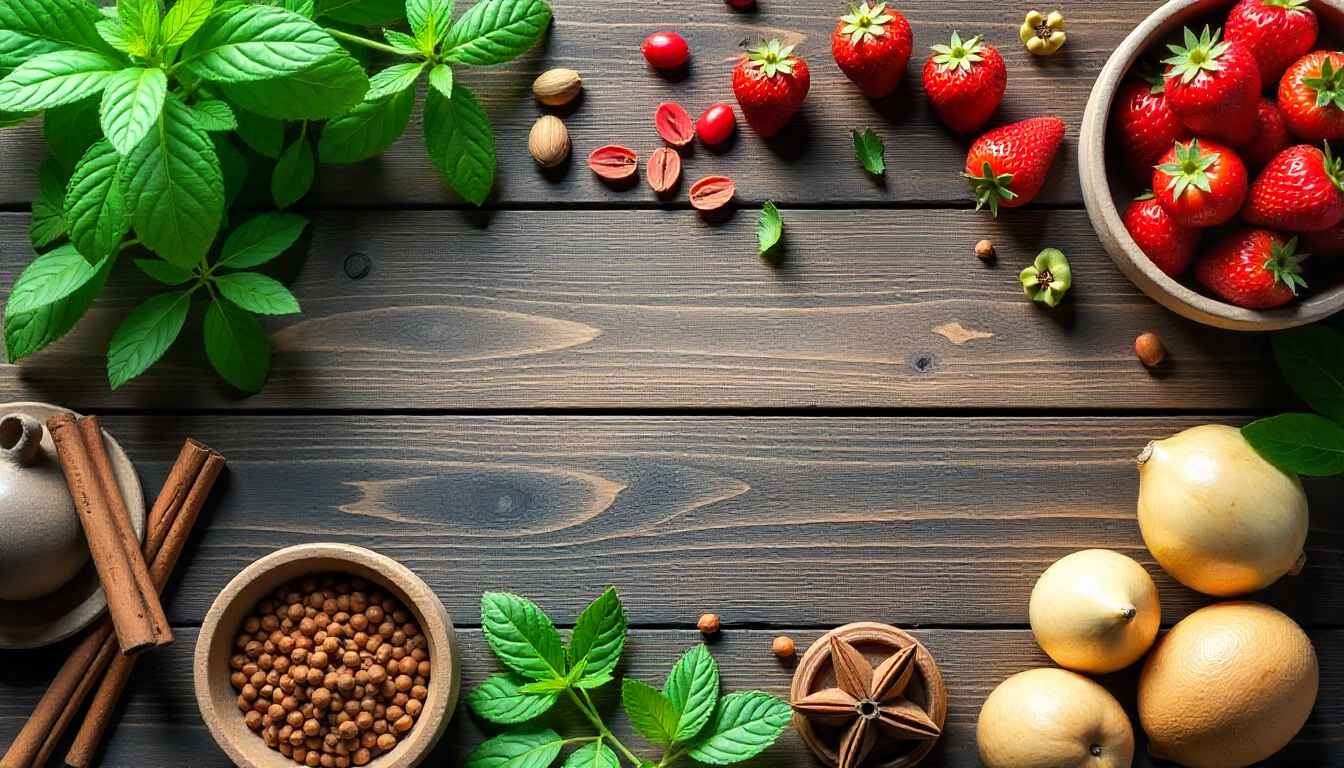 Seasonal wellness flat lay with herbs, fruits, spices, and teas.