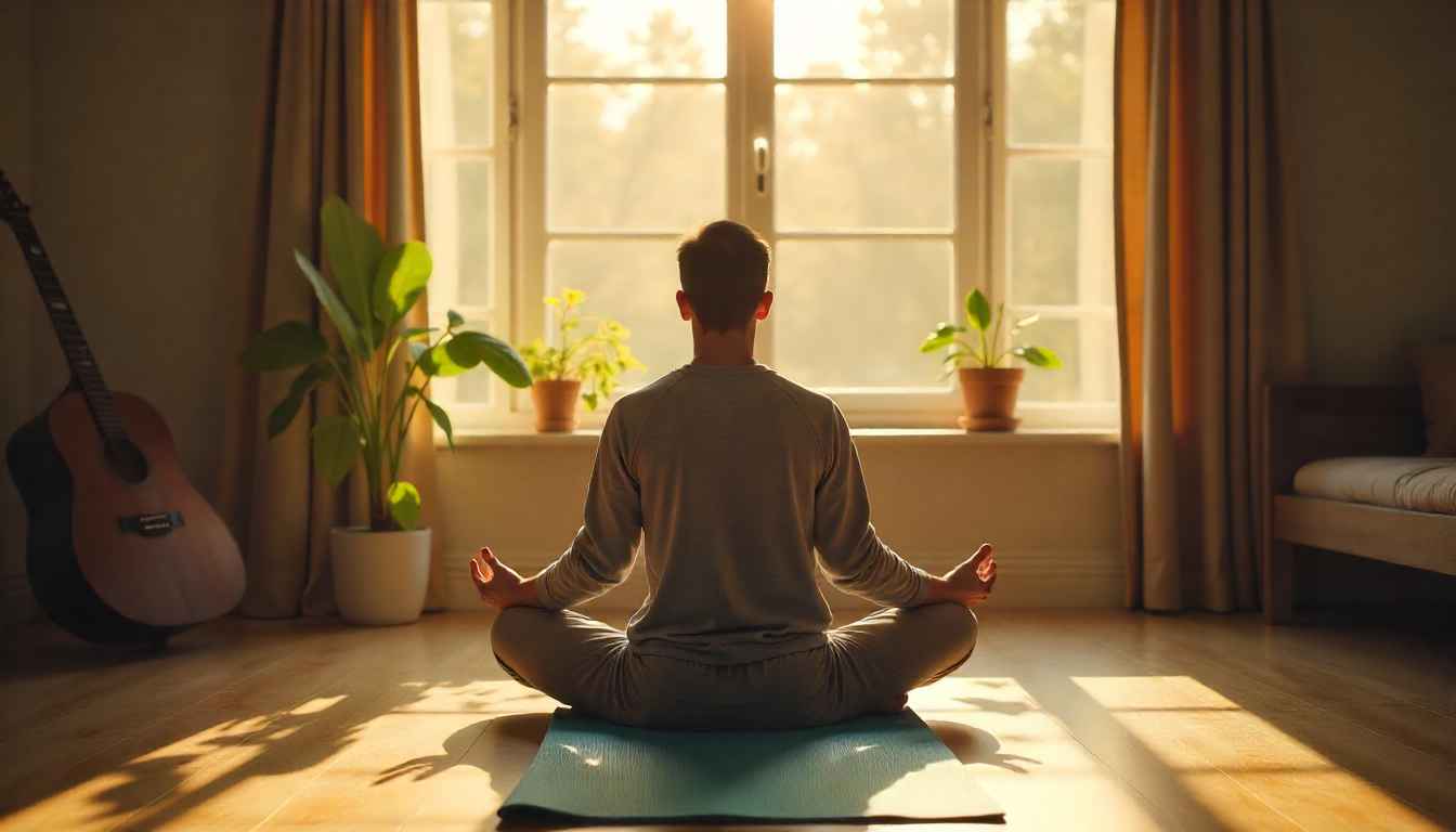 Evening yoga child’s pose in a cozy bedroom.