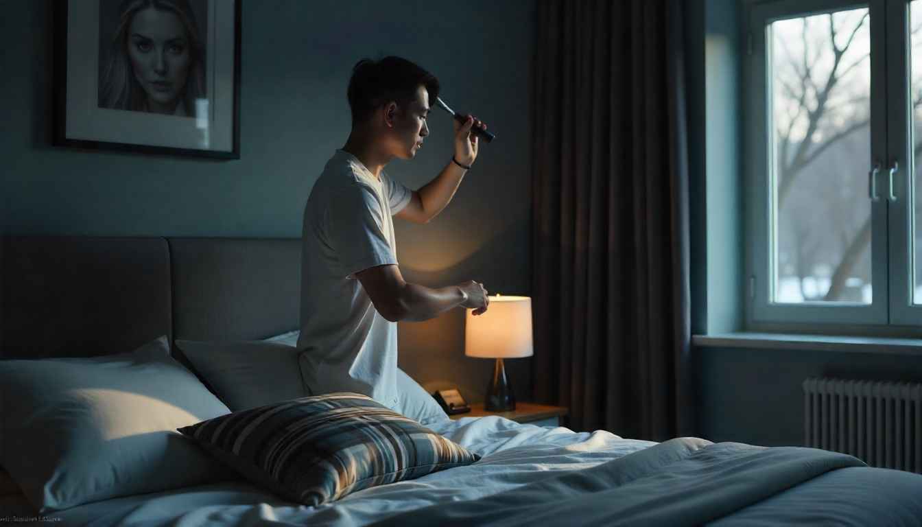 Man brushing hair as part of a nighttime hair care routine.