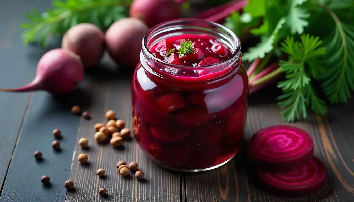 A jar of homemade pickled beets with fresh ingredients on a wooden table