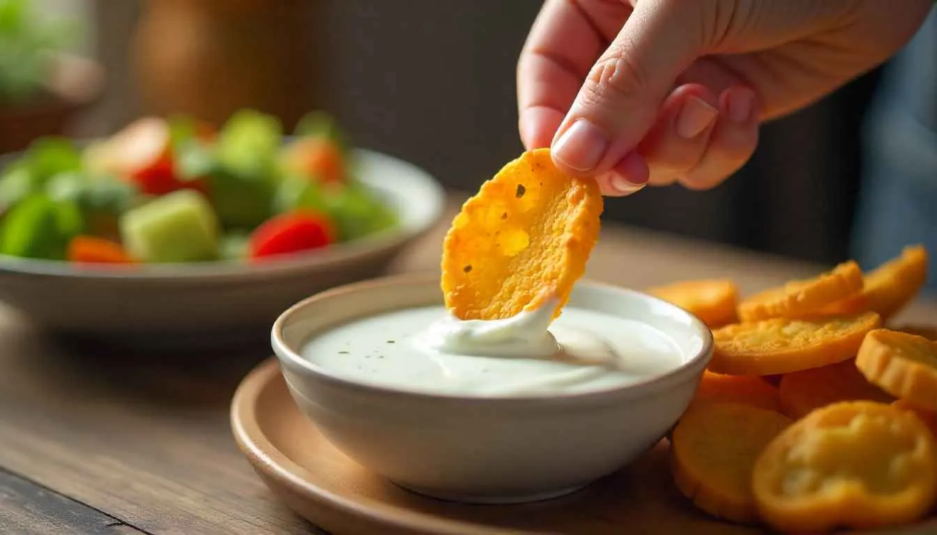 Enjoying a healthy air fryer pickle with yogurt dip