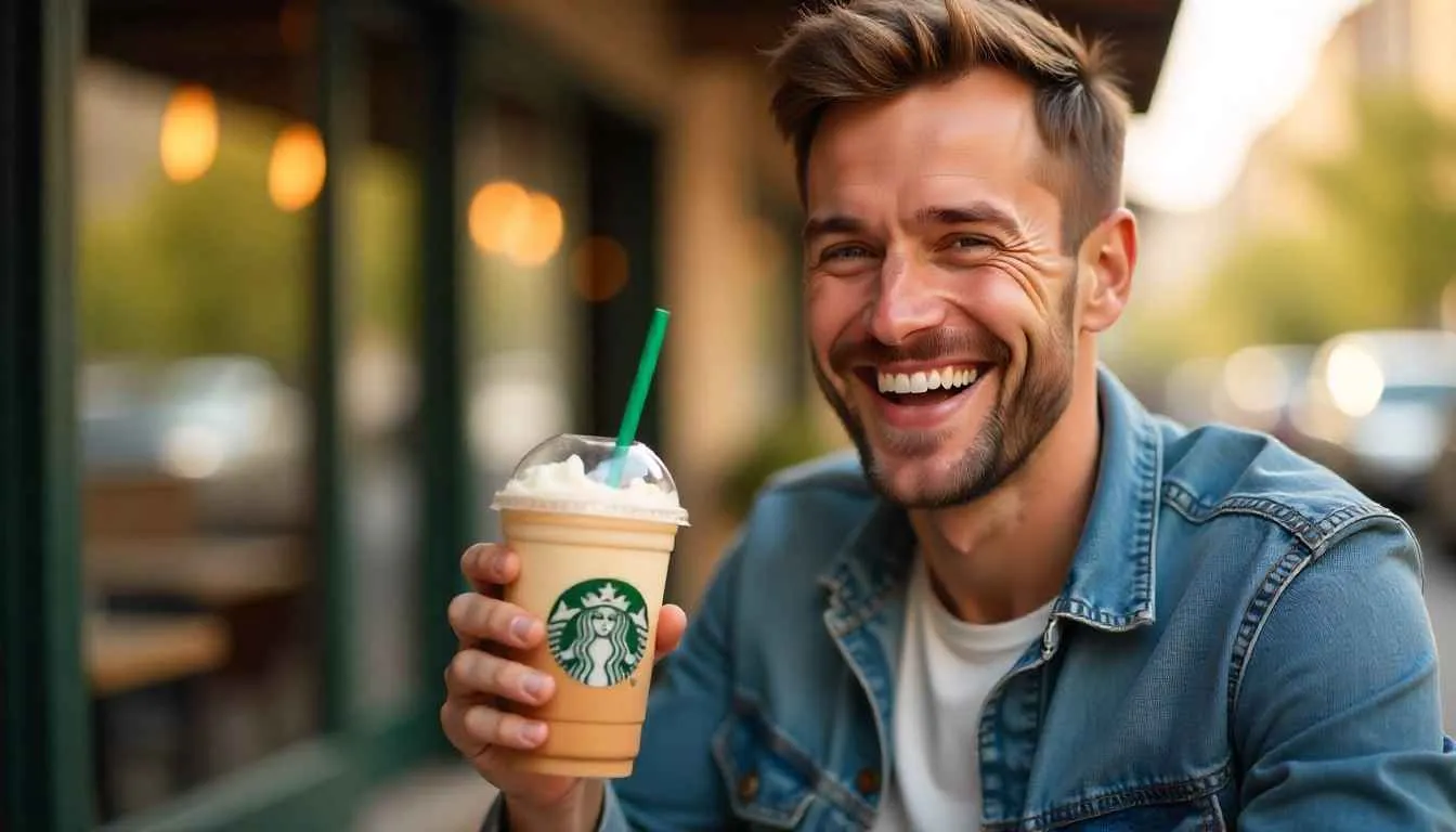A happy person enjoying a customized low-calorie iced coffee from Starbucks.