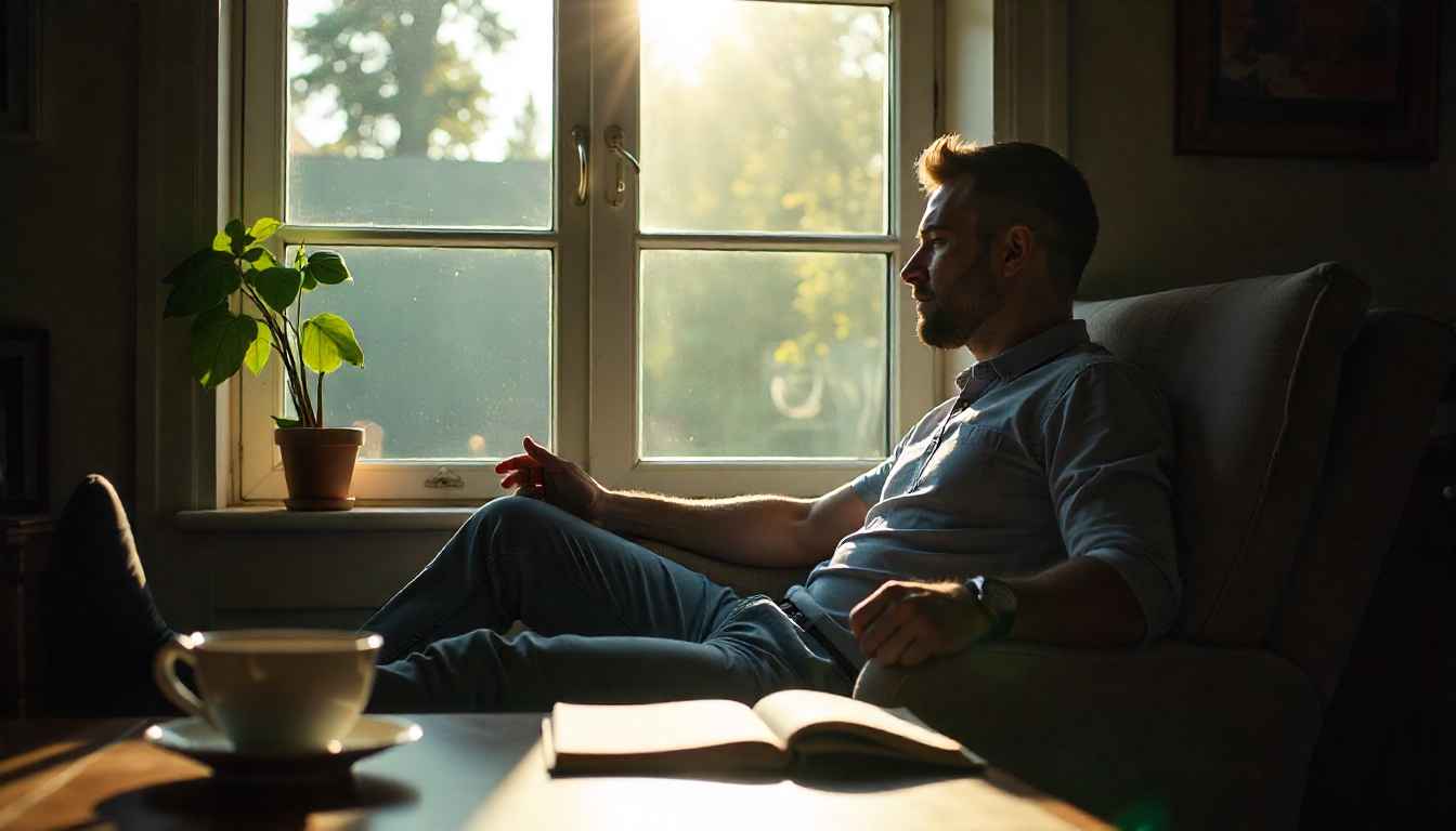 Person stretching by a sunny window with tea and a journal, morning routine concept.