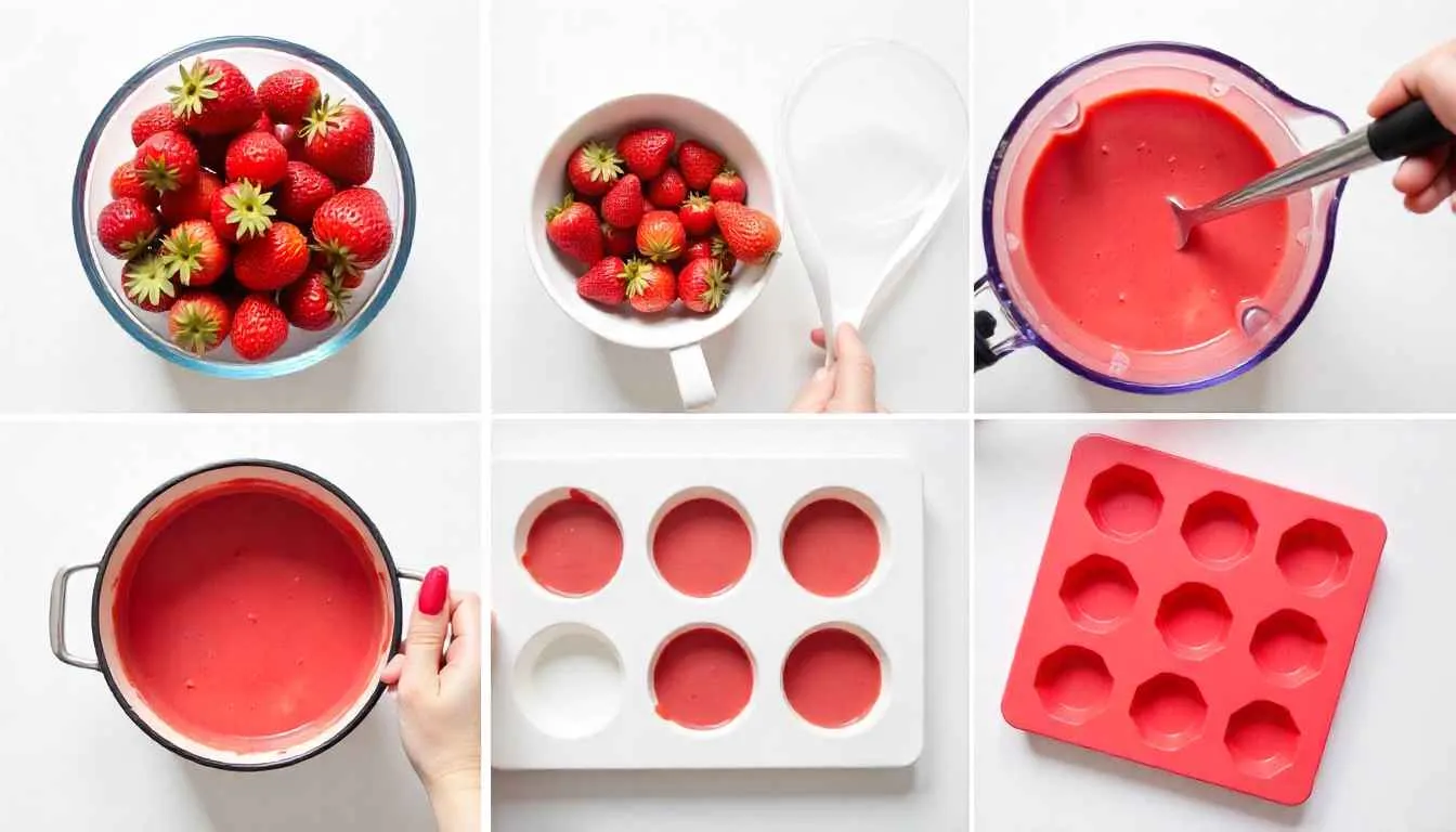 Step-by-step process for a homemade fruit snack recipe from fresh fruit to finished product.