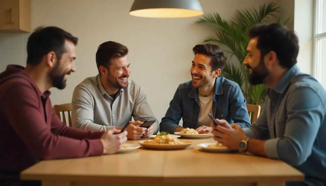 A family enjoying a screen-free meal to build connection and a positive home atmosphere.