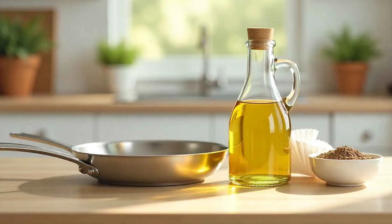 A jar of stored used cooking oil on a kitchen counter with reuse supplies.