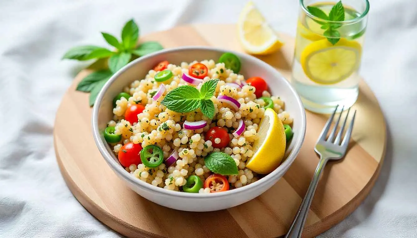 A fresh and colorful quinoa salad with lemon water, representing a simple and nourishing 3 day reset meal.
