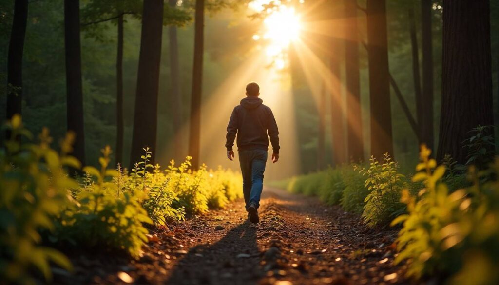 cardiovascular exercise A person walking with purpose on a sunlit forest path for heart health.