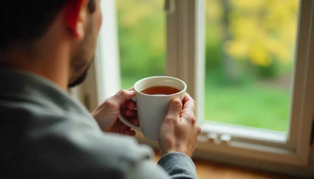 healthy habits A person enjoying a quiet moment with a cup of tea during a wellness reset.