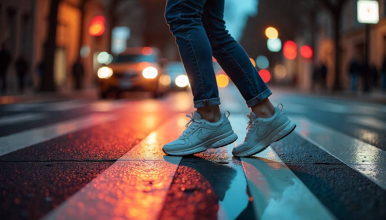 A person walking briskly through a vibrant cityscape for their daily heart health walk.
