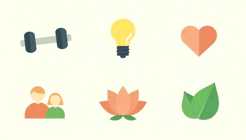 holistic health Six icons representing the different dimensions of wellness.