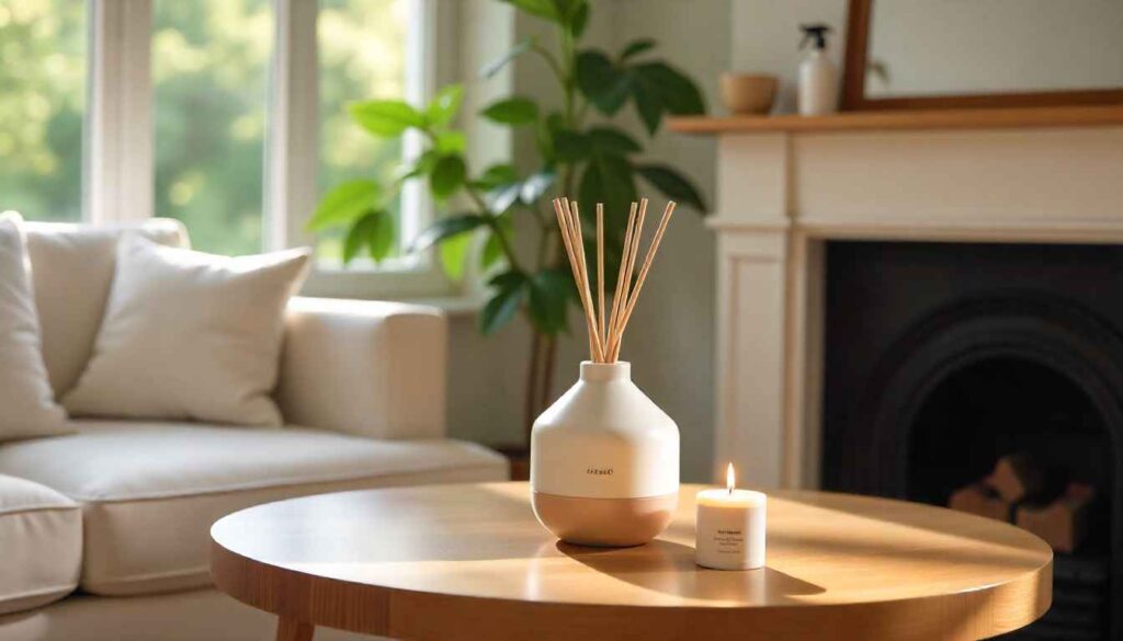 natural air freshener A living room demonstrating the scent layering technique with a diffuser, candle, and spray to make a home smell good.