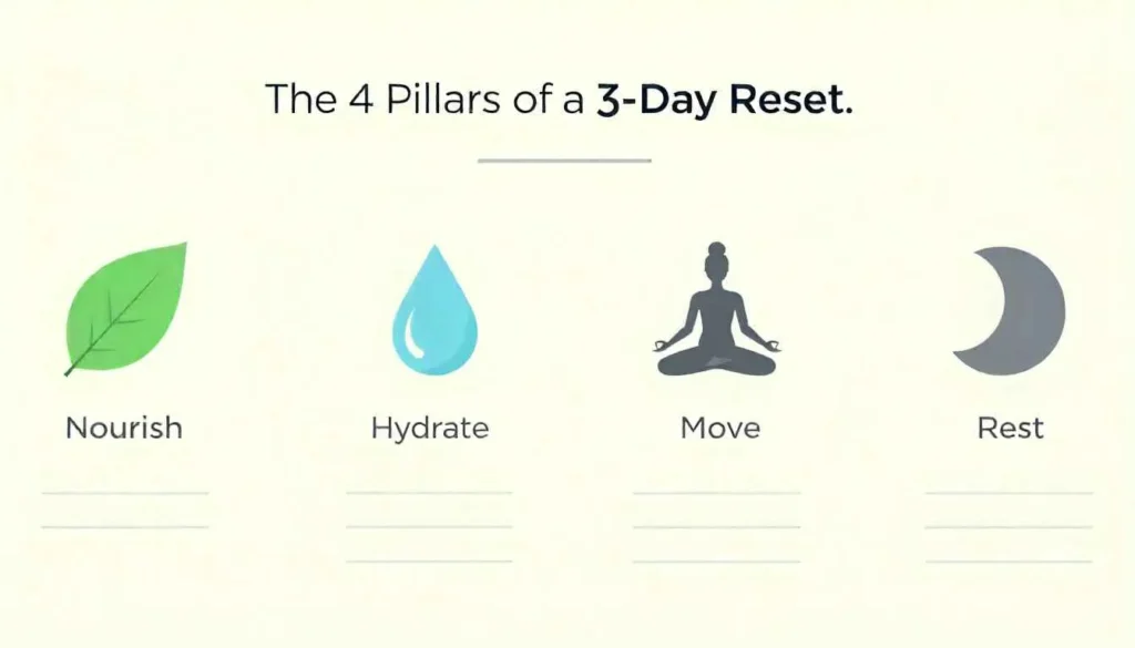 wellness reset An infographic illustrating the four key pillars of a successful 3 day reset: nourish, hydrate, move, and rest.